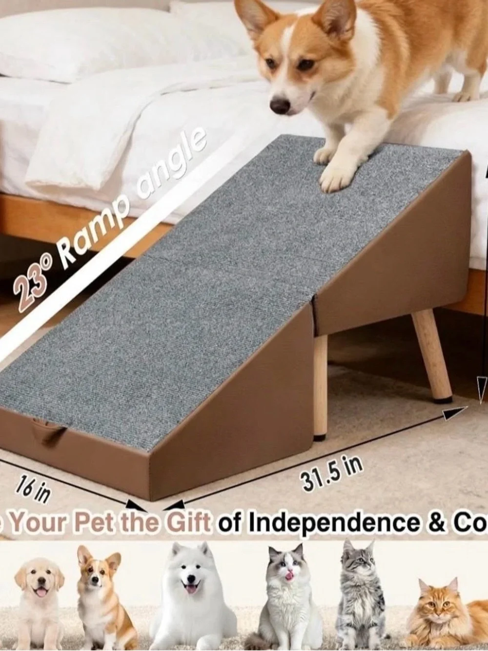 Pet Ramp for Small Dogs and Cats - Gray Surface with Brown Sides